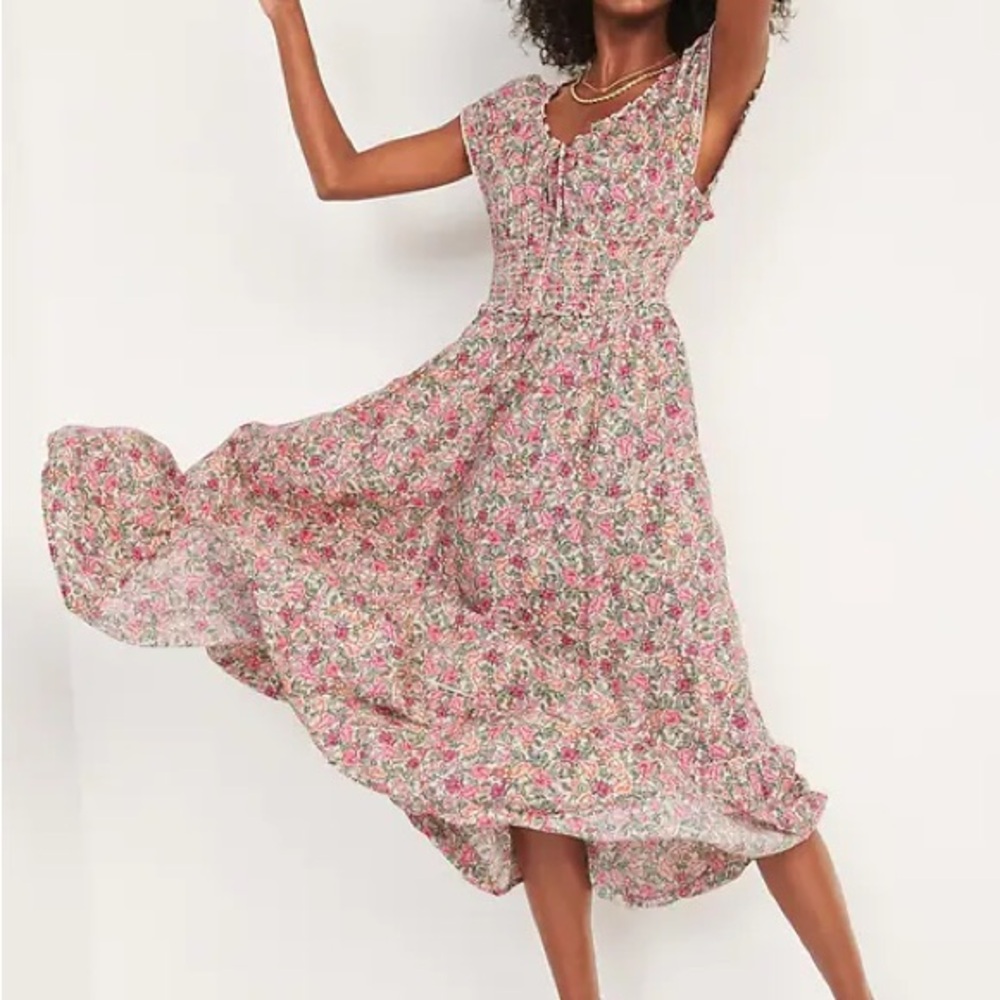 Old Navy Waist-Defined Smocked Floral-Print Midi Dress